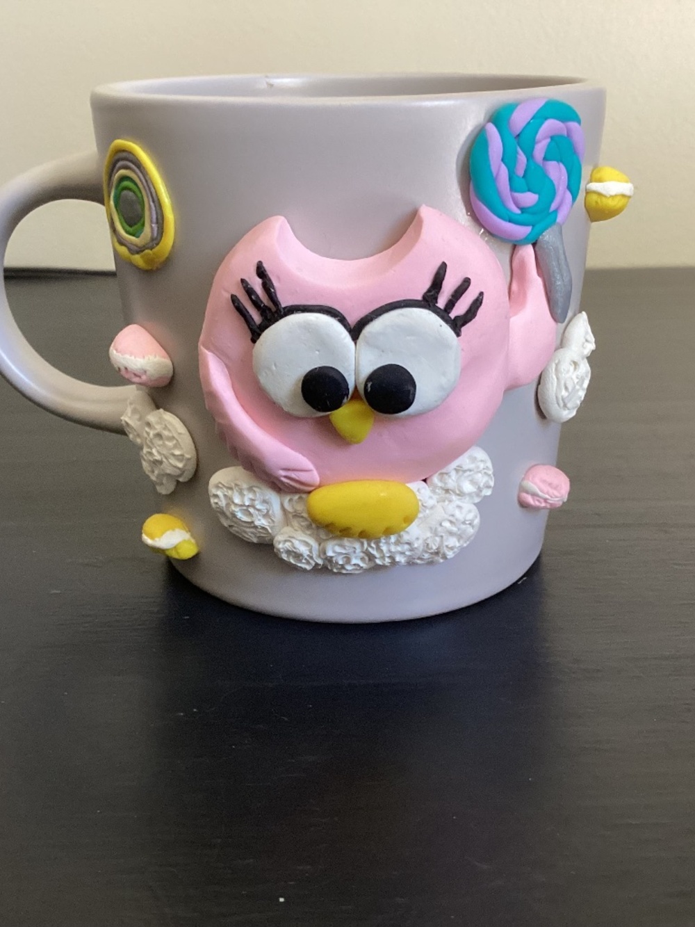 3D Pink Owl and Lollipops on Clouds Ceramic Coffee Mug from IKEA